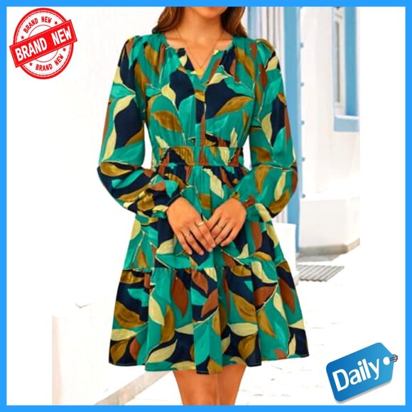 Long Sleeve Floral Mini Dress Boho V Neck A-Line Flowy Beach Vacation - Picture 4 of 7